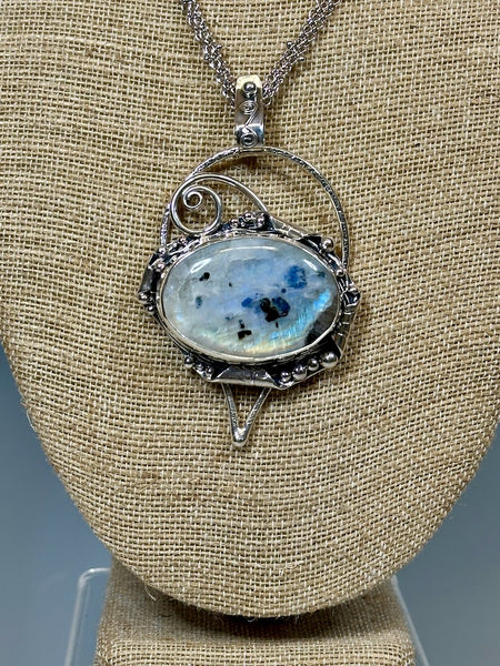 .925 RIGHT HERE TOURMALATED RAINBOW MOONSTONE PENDANT AND TRIPLE CHAIN BR313