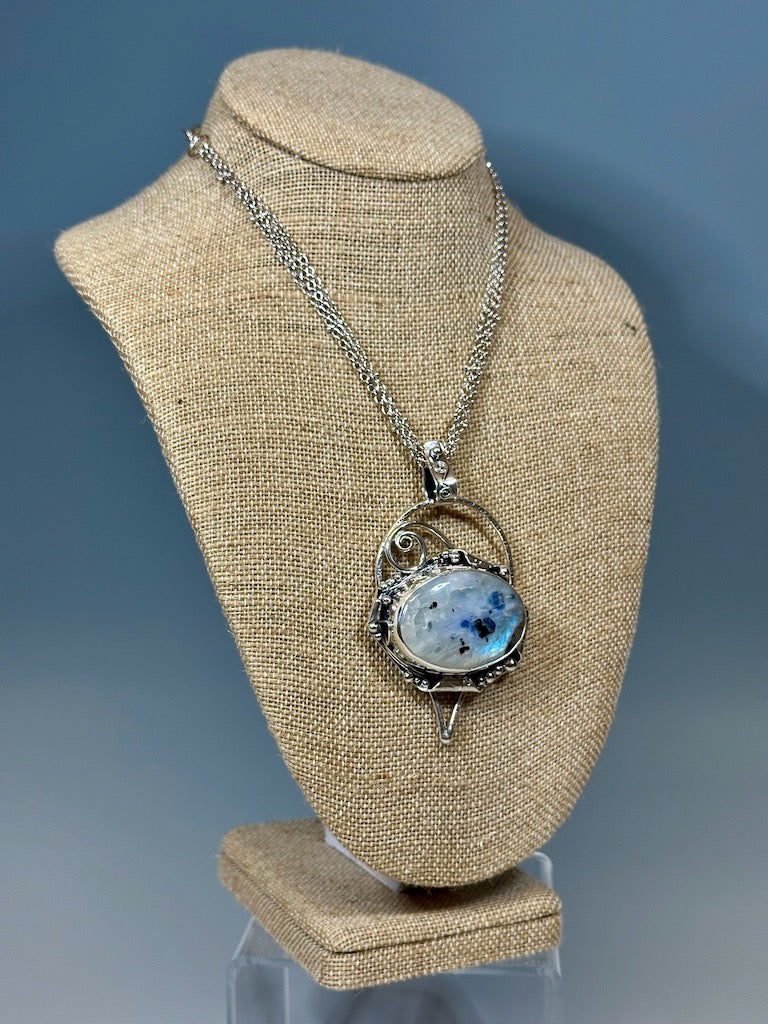 .925 RIGHT HERE TOURMALATED RAINBOW MOONSTONE PENDANT AND TRIPLE CHAIN BR313