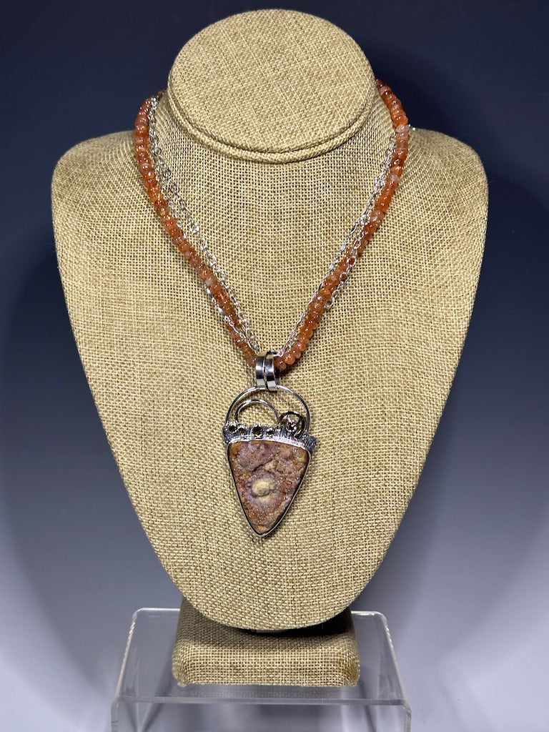 .925 + 14k CONCHO DRUZY WITH PINK ZIRCON ON SUNSTONE BEAD DOUBLE CHAIN NECKLACE BR367