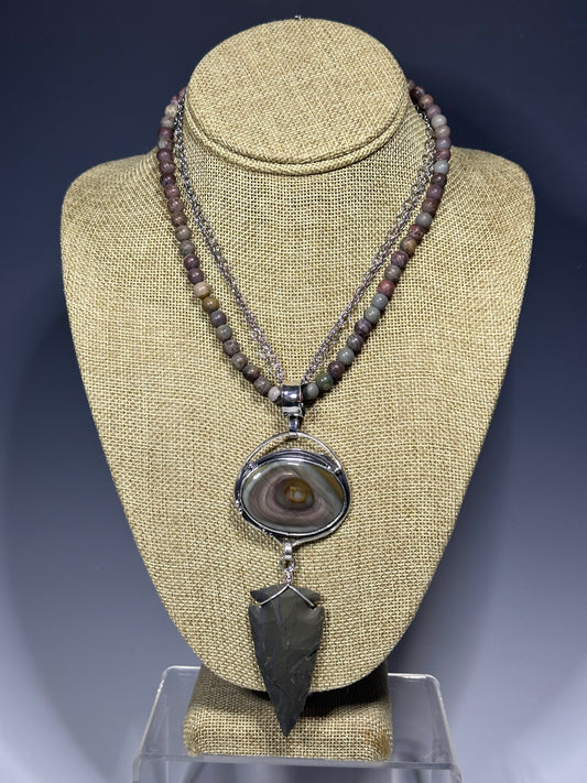 .925 IMPERIAL JASPER W/ARROWHEAD (REPRODUCTION) ON JASPER BEAD DOUBLE CHAIN NECKLACE BR369