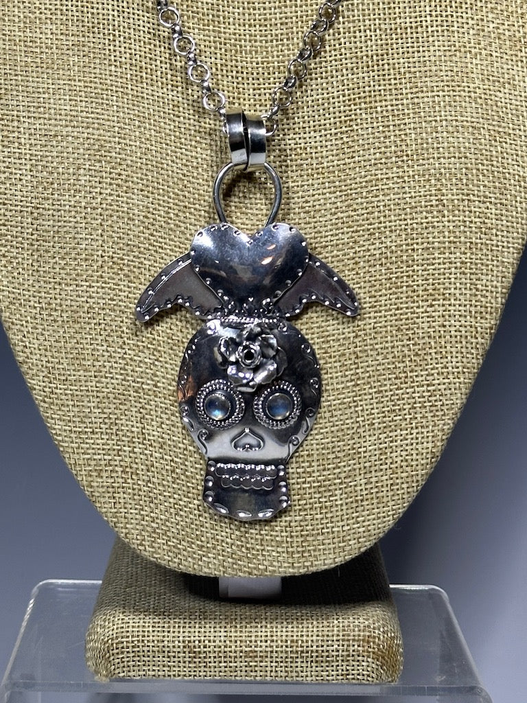 .925 GRAND SUGAR SKULL, SACRED HEART WINGED, ROSE AND LABRADORITE PENDANT NECKLACE BR372