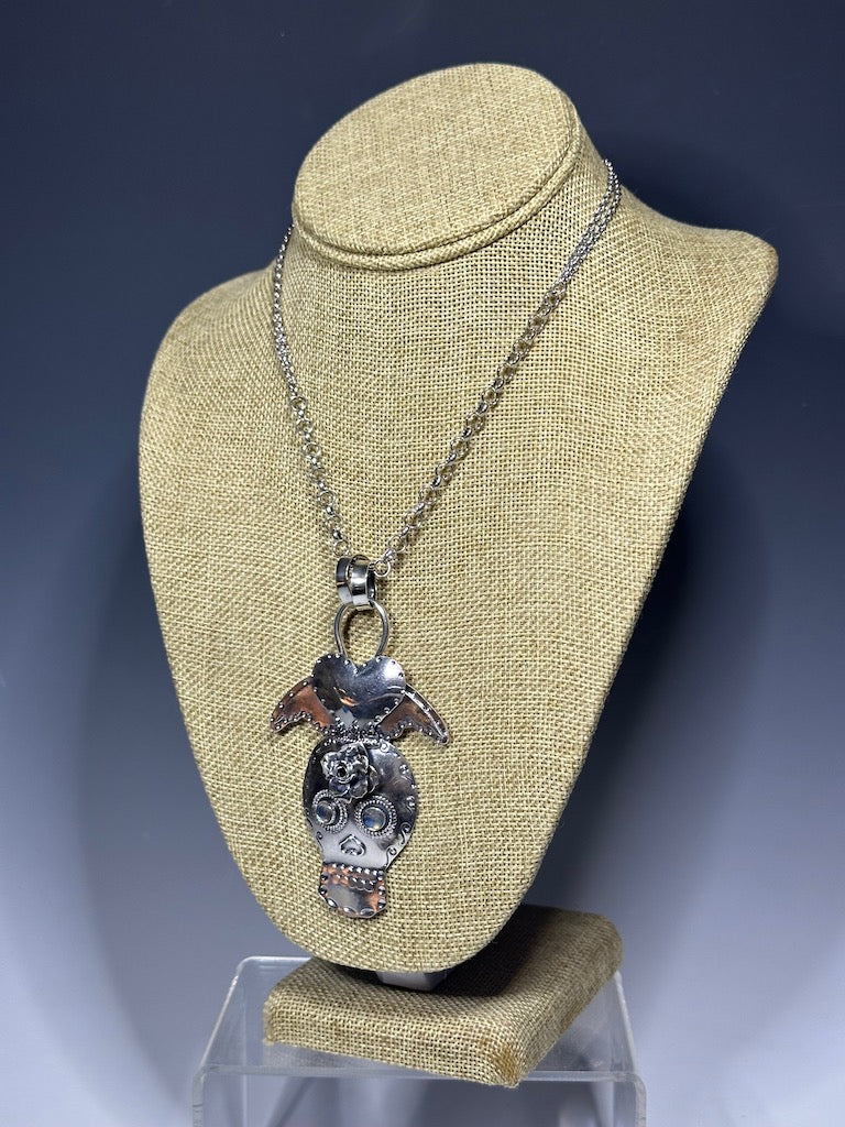 .925 GRAND SUGAR SKULL, SACRED HEART WINGED, ROSE AND LABRADORITE PENDANT NECKLACE BR372