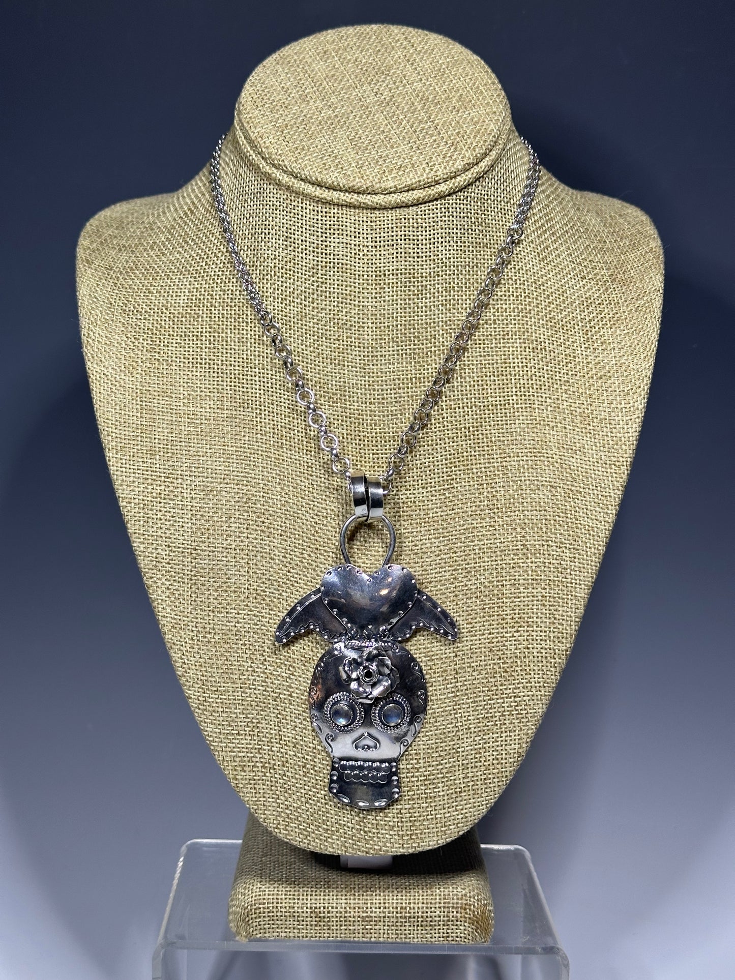 .925 GRAND SUGAR SKULL, SACRED HEART WINGED, ROSE AND LABRADORITE PENDANT NECKLACE BR372