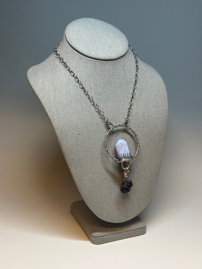 .925 BLUE CHALCEDONY POINT WITH TITANIUM DESERT ROSE NECKLACE BR402