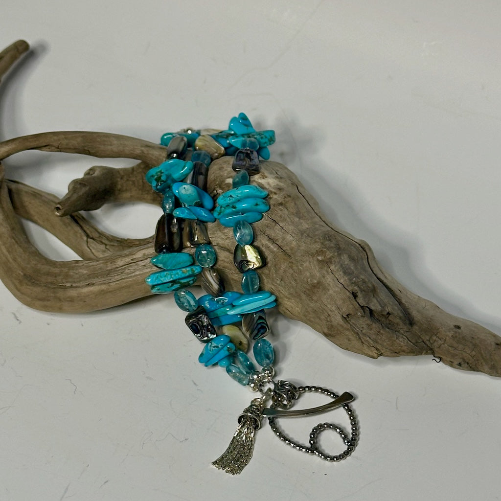 .925 TASSEL BRACELET WITH TURQUOISE, ABALONE AND APATITE BR438