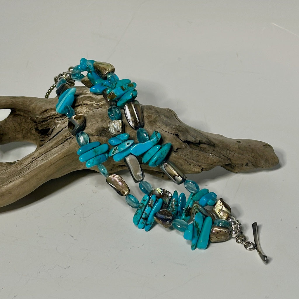 .925 TASSEL BRACELET WITH TURQUOISE, ABALONE AND APATITE BR438