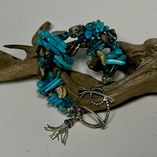 .925 TASSEL BRACELET WITH TURQUOISE, ABALONE AND APATITE BR438