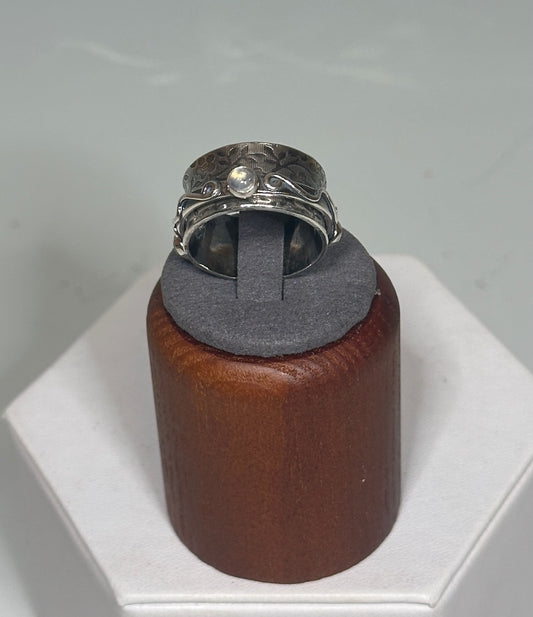 .925 TEXTURED TWIDDLE RING WITH AQUAMARINE, CLEAR MOONSTONE AND BLUE TOPAZ BR488