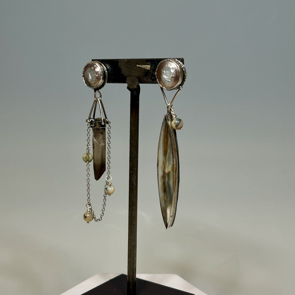 .925 BORN THIS WAY POST TOP EARRINGS WITH IRIDESCENT COIN PEARL, SMOKEY QUARTZ, BANDED JASPER & BAMBOO AGATE BEADS BR494