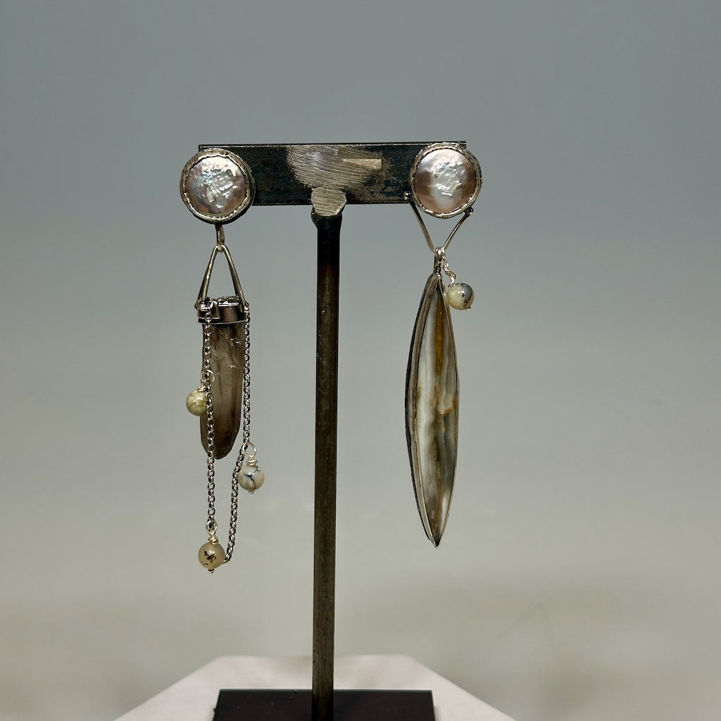 .925 BORN THIS WAY POST TOP EARRINGS WITH IRIDESCENT COIN PEARL, SMOKEY QUARTZ, BANDED JASPER & BAMBOO AGATE BEADS BR494