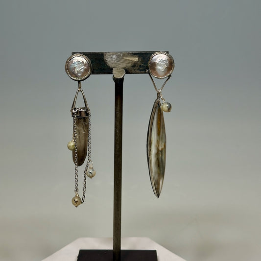 .925 BORN THIS WAY POST TOP EARRINGS WITH IRIDESCENT COIN PEARL, SMOKEY QUARTZ, BANDED JASPER & BAMBOO AGATE BEADS BR494