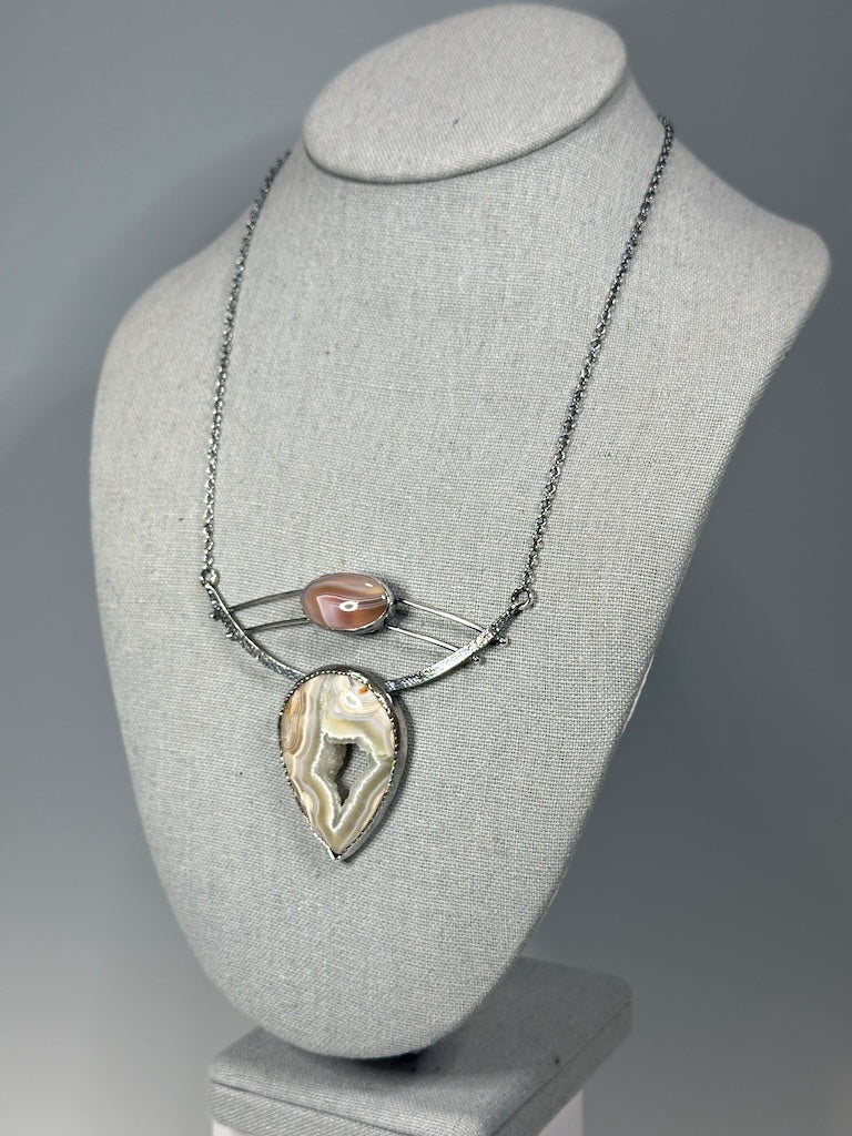 .925 JOVIE CHOKER WITH DRUSY LACE AGATE, PINK BOTSWANA AGATE BR504