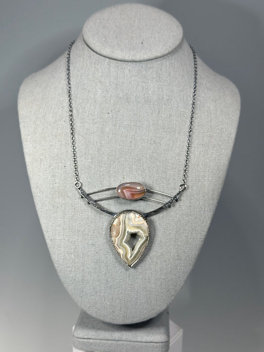 .925 JOVIE CHOKER WITH DRUSY LACE AGATE, PINK BOTSWANA AGATE BR504