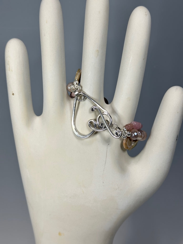 .925 HEART CLASP BRACELET WITH MOONSTONE, ABALONE AND ROSE QUARTZ BR507