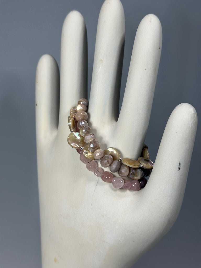 .925 HEART CLASP BRACELET WITH MOONSTONE, ABALONE AND ROSE QUARTZ BR507