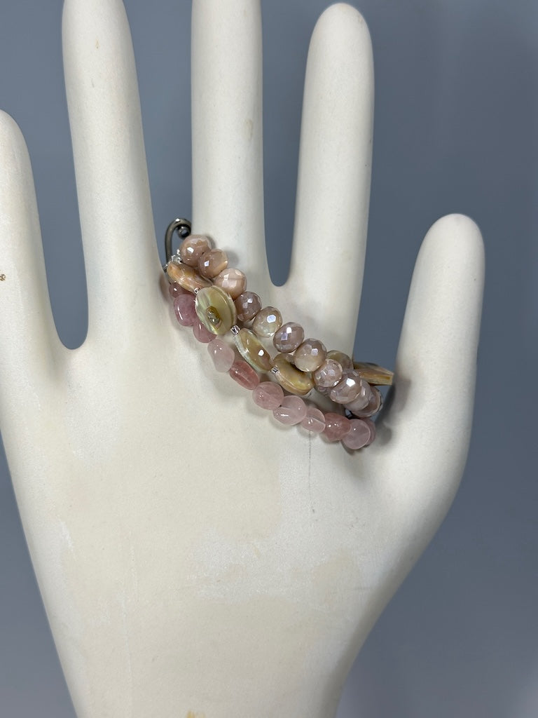 .925 HEART CLASP BRACELET WITH MOONSTONE, ABALONE AND ROSE QUARTZ BR507