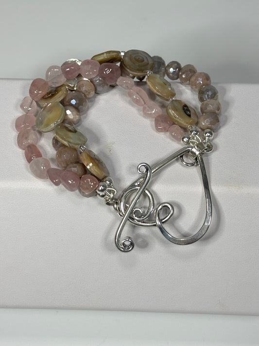 .925 HEART CLASP BRACELET WITH MOONSTONE, ABALONE AND ROSE QUARTZ BR507