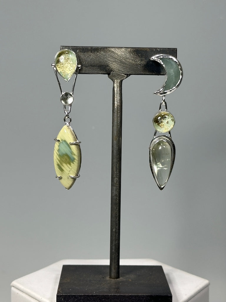 .925 BORN THIS WAY POST TOP EARRINGS WITH CHRYSOPRASE HIMALAYAN CRYSTAL DOUBLETS, AQUAMARINE CRESCENT MOON, PRASIOLITE & IMPERIAL JASPER BR532