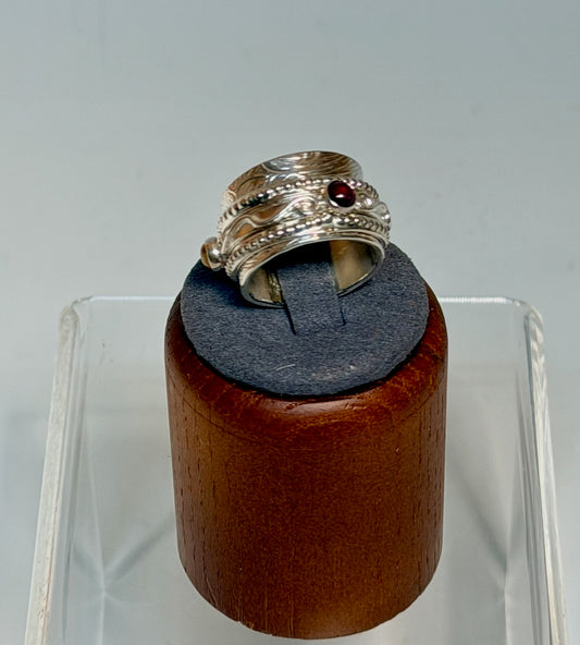 .925 HARMONY BEAD TWIDDLE RING WITH AMBER CITRINE, CITRINE & GARNET BR566