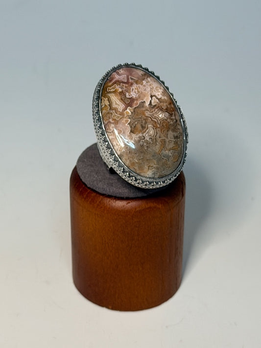 .925 OVAL LACE AGATE STATEMENT RING, OXIDIZED BR577