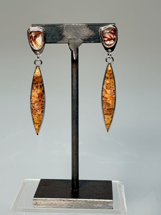 .925 PETRIFIED PALM ROOT EARRINGS WITH RED RUTILATED QUARTZ BR578
