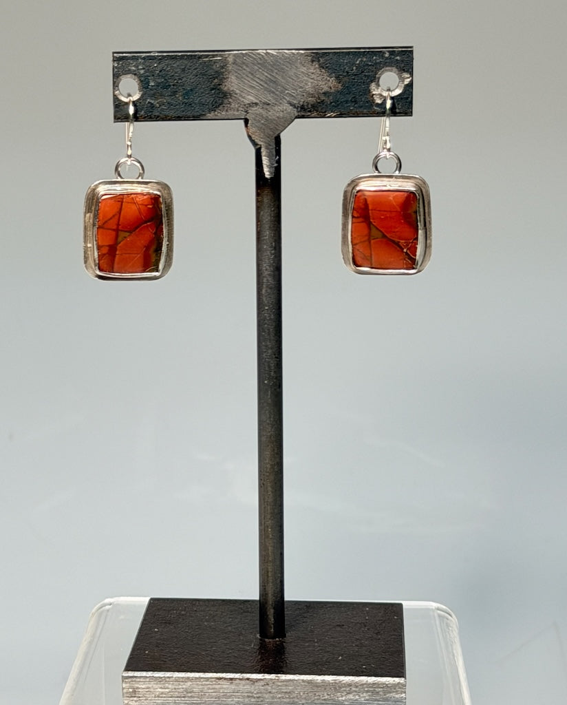.925 RED CREEK JASPER EARRINGS, BEZELED 17X20MM, ON FRENCH HOOKS BR582