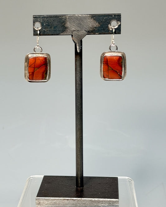 .925 RED CREEK JASPER EARRINGS, BEZELED 17X20MM, ON FRENCH HOOKS BR582