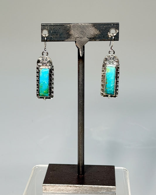 .925 KINGMAN TURQUOISE RECTANGLE EARRINGS WITH SUNBURST ON FRENCH HOOKS BR583
