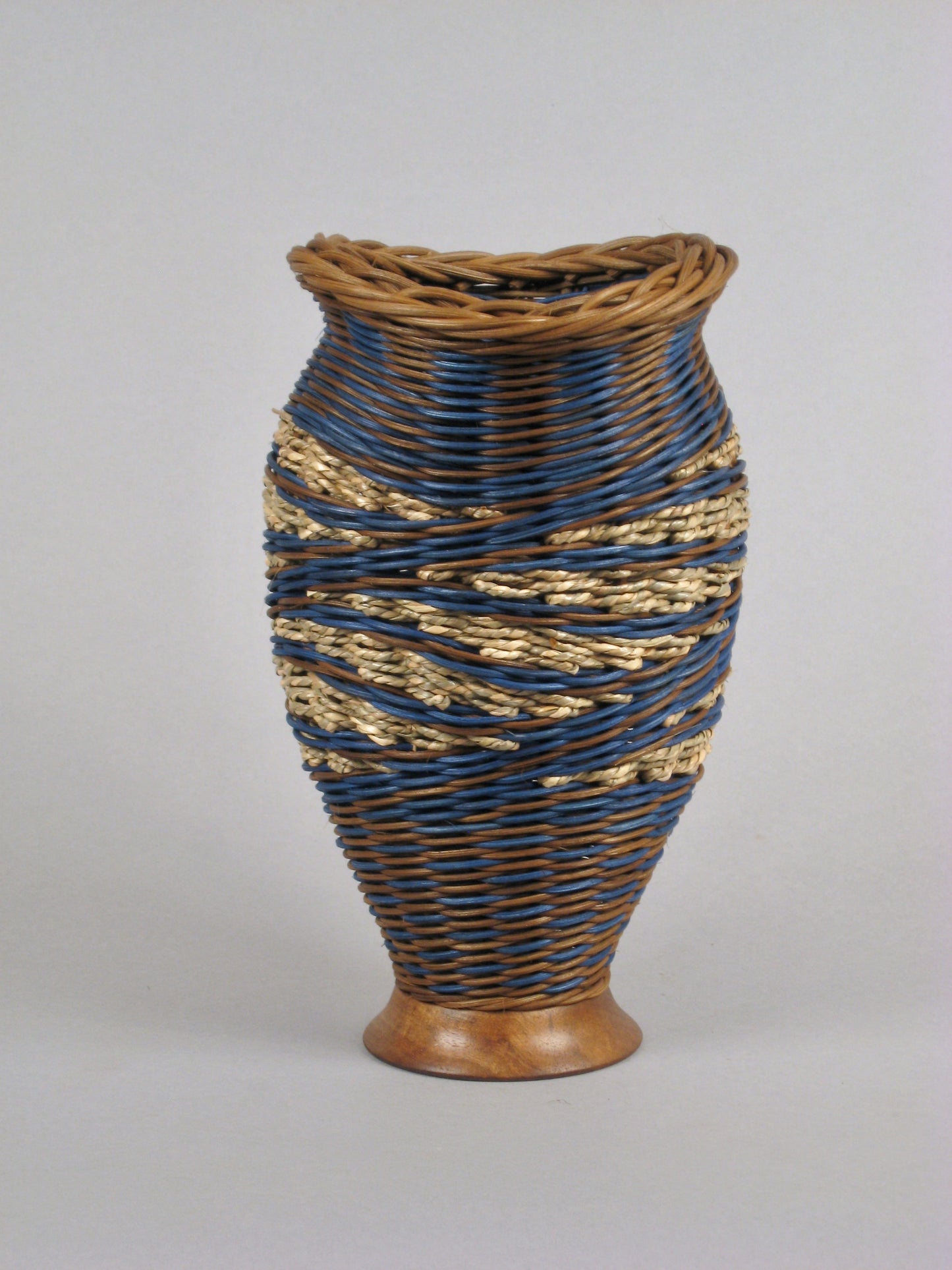 "BLUE SPIRAL HILLS" Mixed Media Basket with Hand Turned Walnut Wood Base