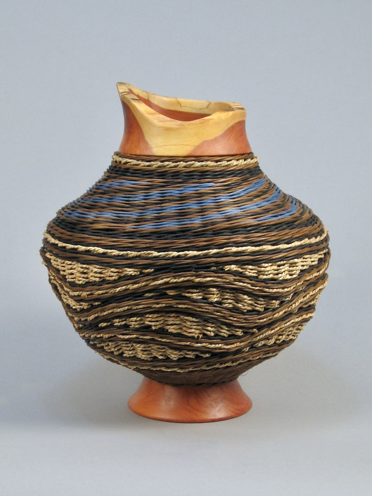 BLUE SPIRAL TOP MIXED MEDIA BASKETRY W/CEDAR