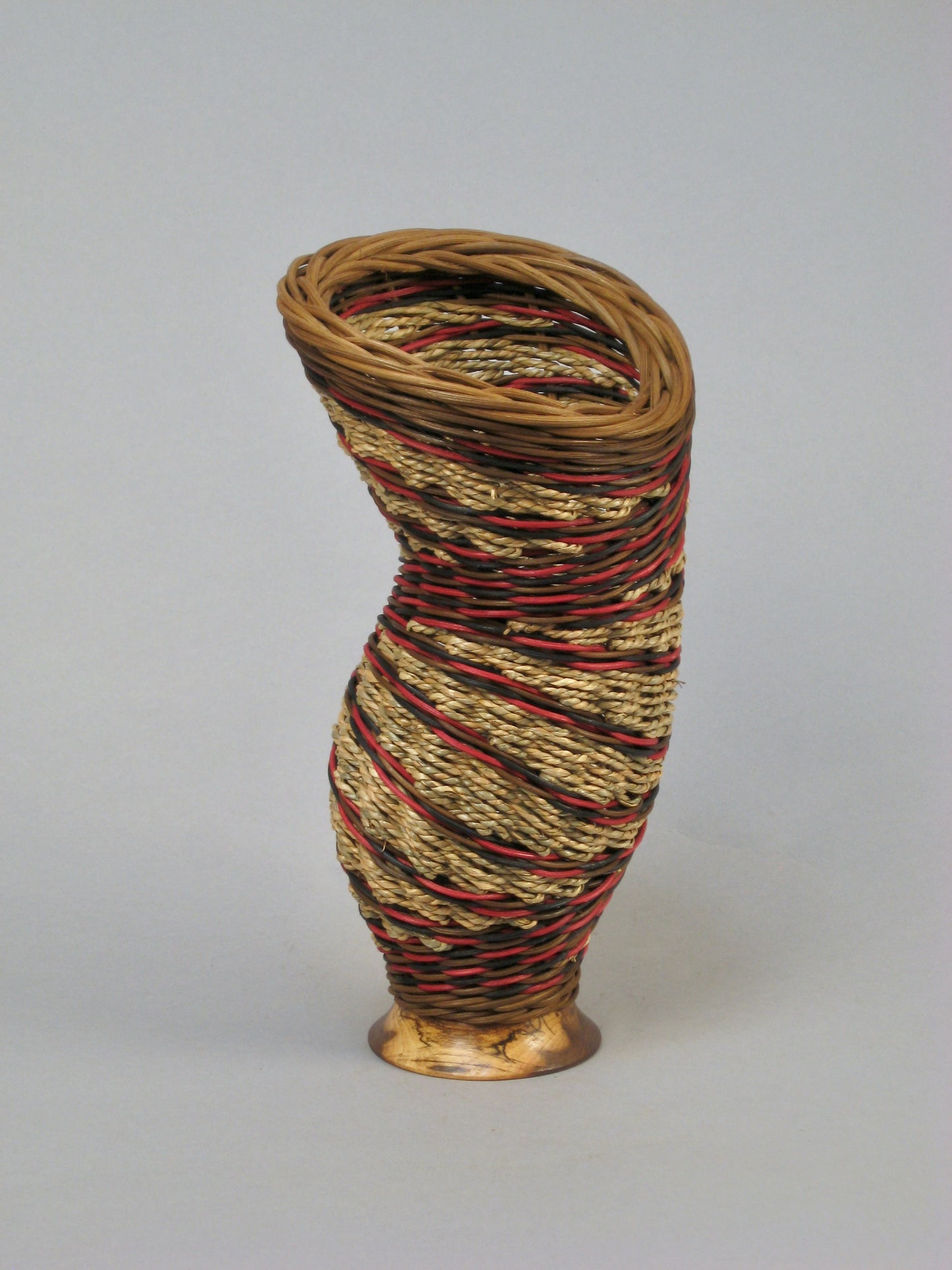 BURGUNDY TWISTER MIXED MEDIA BASKETRY WITH WALNUT BASE