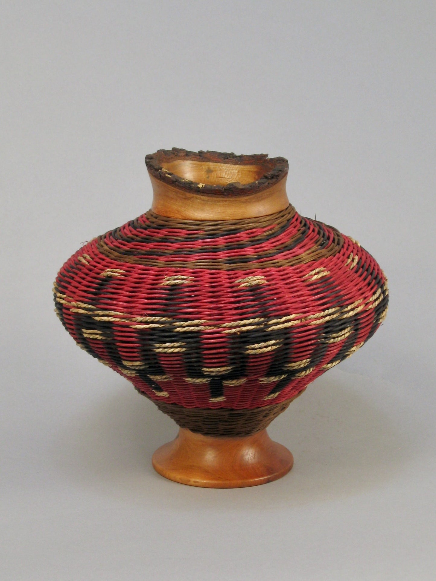 BURGUNDY VASE MIXED MEDIA BASKETRY WITH CHERRY TOP AND BASE