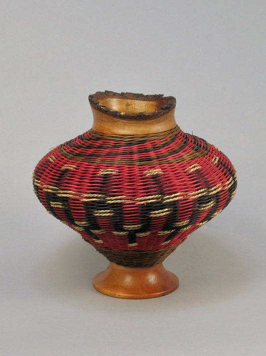 BURGUNDY VASE MIXED MEDIA BASKETRY WITH CHERRY TOP AND BASE