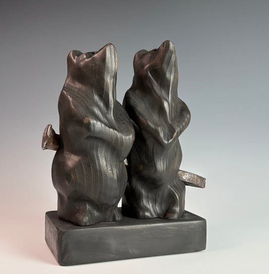 "CONNECTED" HAND CARVED WHITE PINE, METAL SCULPTURE