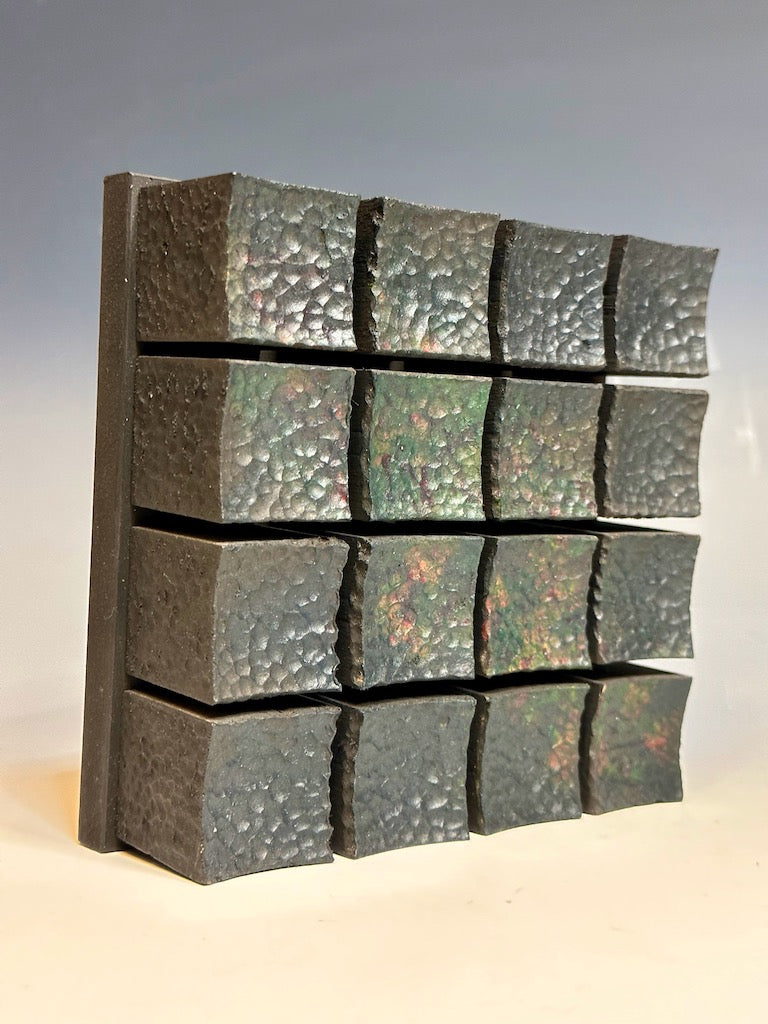 "CONCAVE BLOCK SERIES" BLUE MIXED MEDIA WOOD WALL SCULPTURE