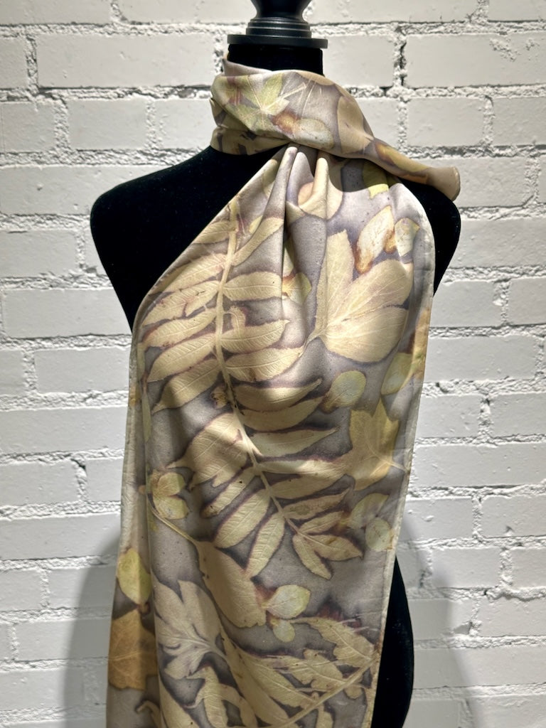 100% HAND DYED SILK CHARMEUSE ECO-PRINTED SCARF F302