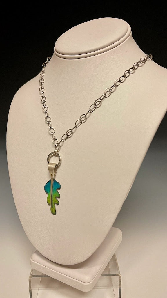 BLUE/GREEN PRISMACOLOR LEAF NECKLACE WITH STERLING SILVER CHAIN DKA112