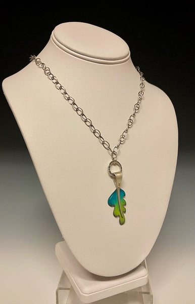 BLUE/GREEN PRISMACOLOR LEAF NECKLACE WITH STERLING SILVER CHAIN DKA112