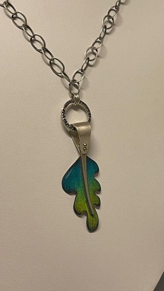 BLUE/GREEN PRISMACOLOR LEAF NECKLACE WITH STERLING SILVER CHAIN DKA112