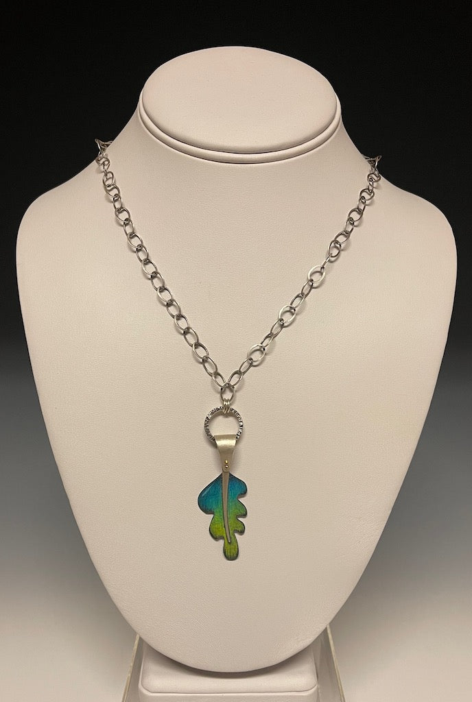 BLUE/GREEN PRISMACOLOR LEAF NECKLACE WITH STERLING SILVER CHAIN DKA112