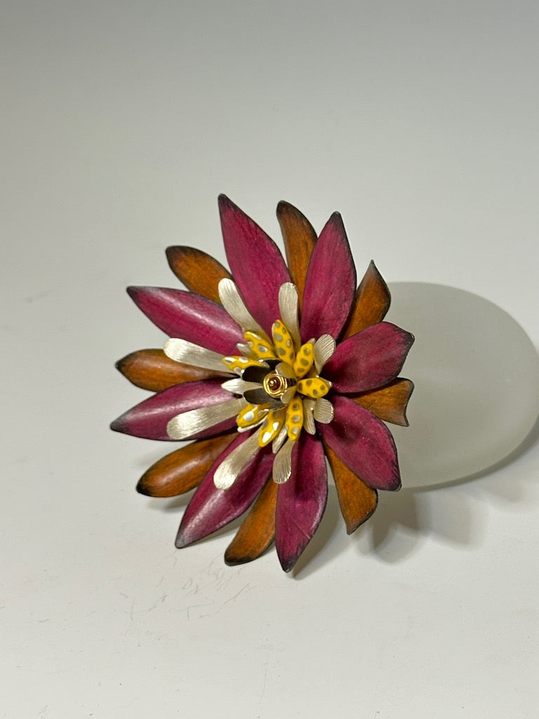 PINK AND ORANGE FLOWER BROOCH WITH YELLOW GLASS BEADS DKA188