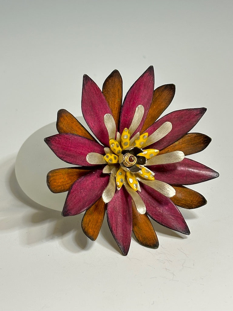 PINK AND ORANGE FLOWER BROOCH WITH YELLOW GLASS BEADS DKA188