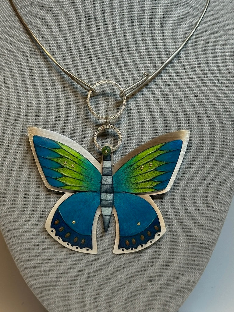 TEAL BUTTERFLY NECKLACE ON STERLING WIRE COLLAR DKA232