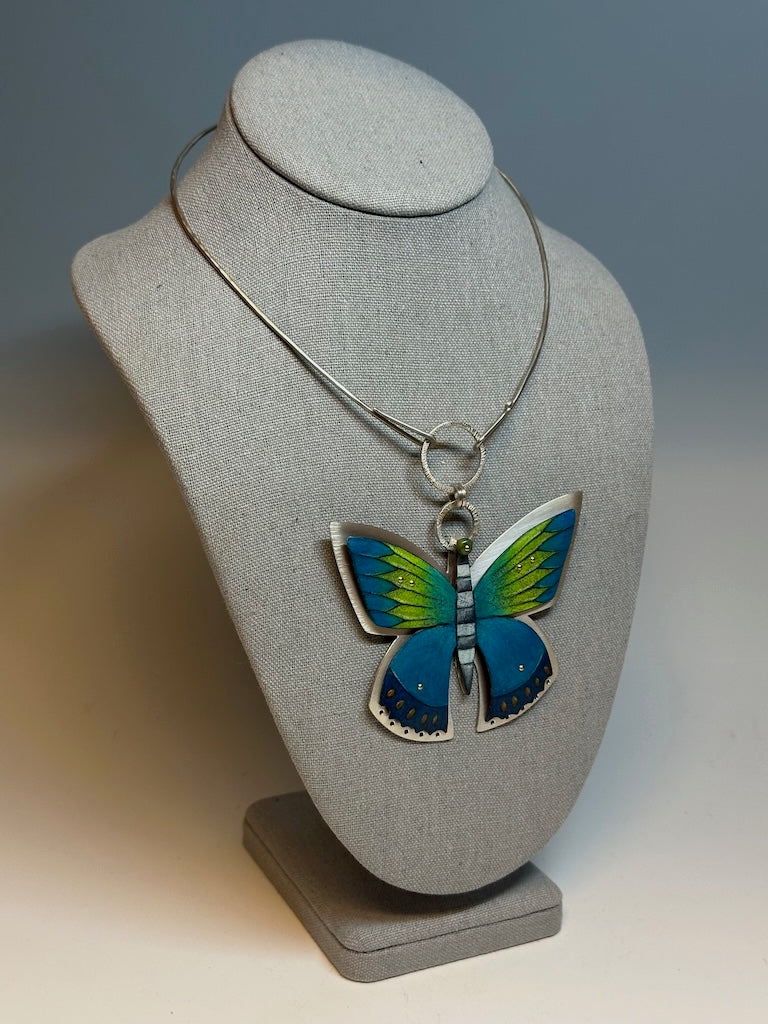 TEAL BUTTERFLY NECKLACE ON STERLING WIRE COLLAR DKA232