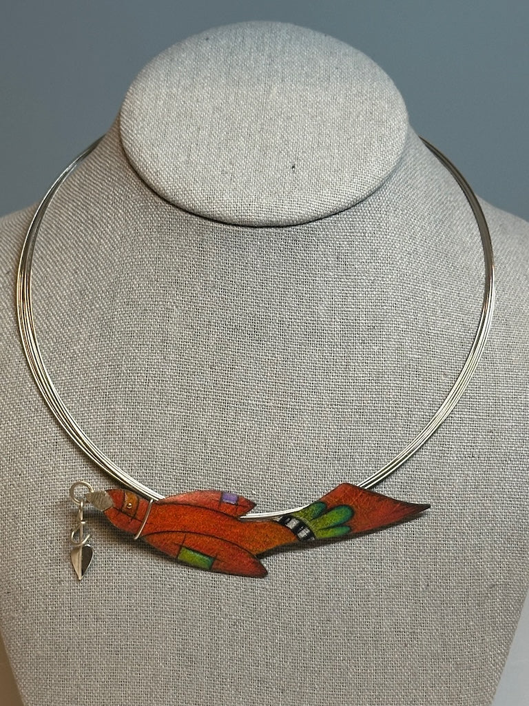 RED BIRD CHOKER ON STAINLESS CABLE NECK WIRE DKA233