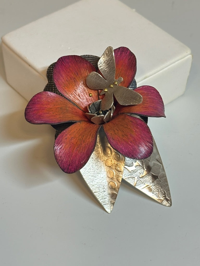 RED FLOWER WITH BUTTERFLY W/SILVER LEAVES & COPPER BACKGROUND PIN/PENDANT DKA235