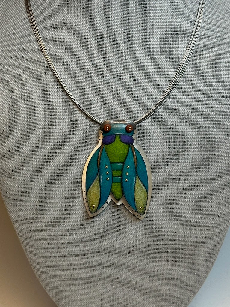 TEAL CICADA NECKLACE ON STAINLESS CABLE NECK WIRE DKA238