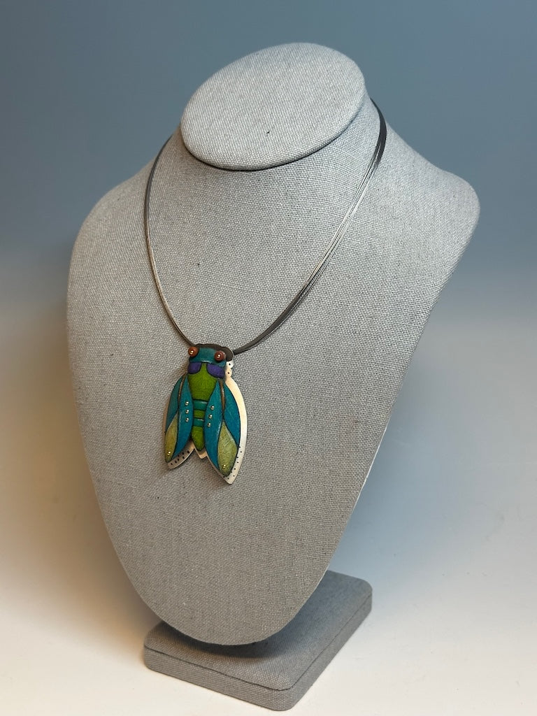 TEAL CICADA NECKLACE ON STAINLESS CABLE NECK WIRE DKA238