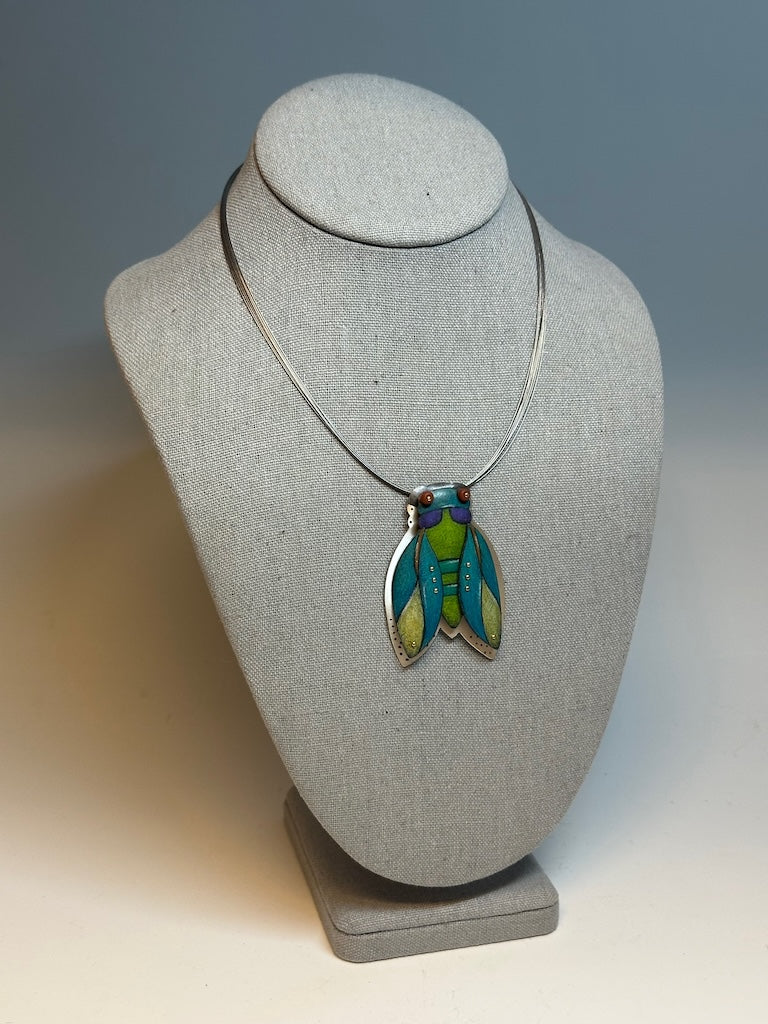 TEAL CICADA NECKLACE ON STAINLESS CABLE NECK WIRE DKA238