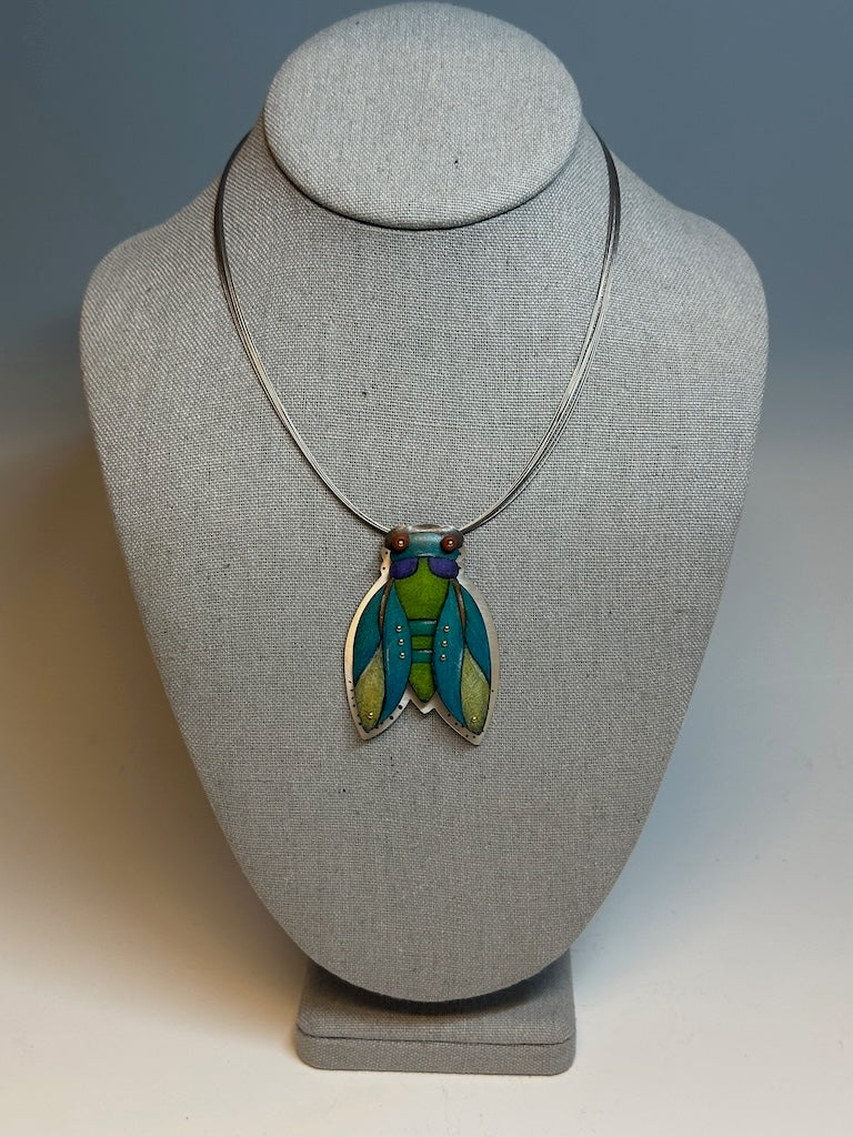 TEAL CICADA NECKLACE ON STAINLESS CABLE NECK WIRE DKA238